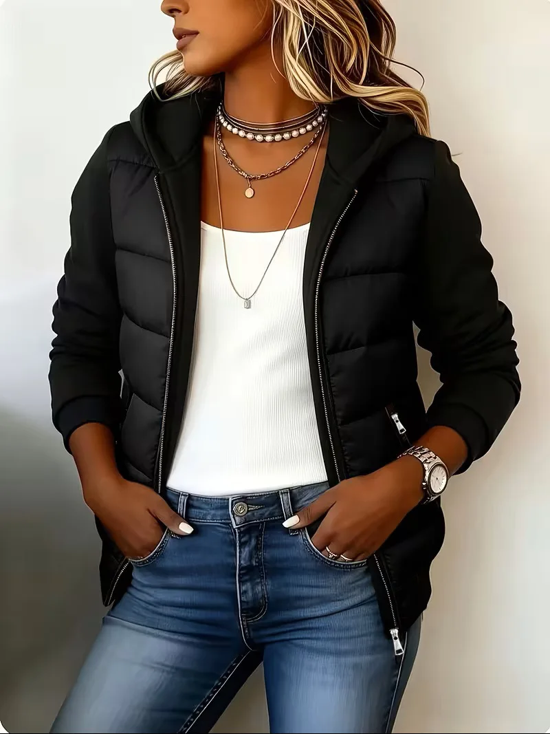 Women's Color Block Hooded Puffer Jacket -Quilted Zip Up Coat with Contrast Sweatshirt Sleeves, Casual Lightweight Winter Outer