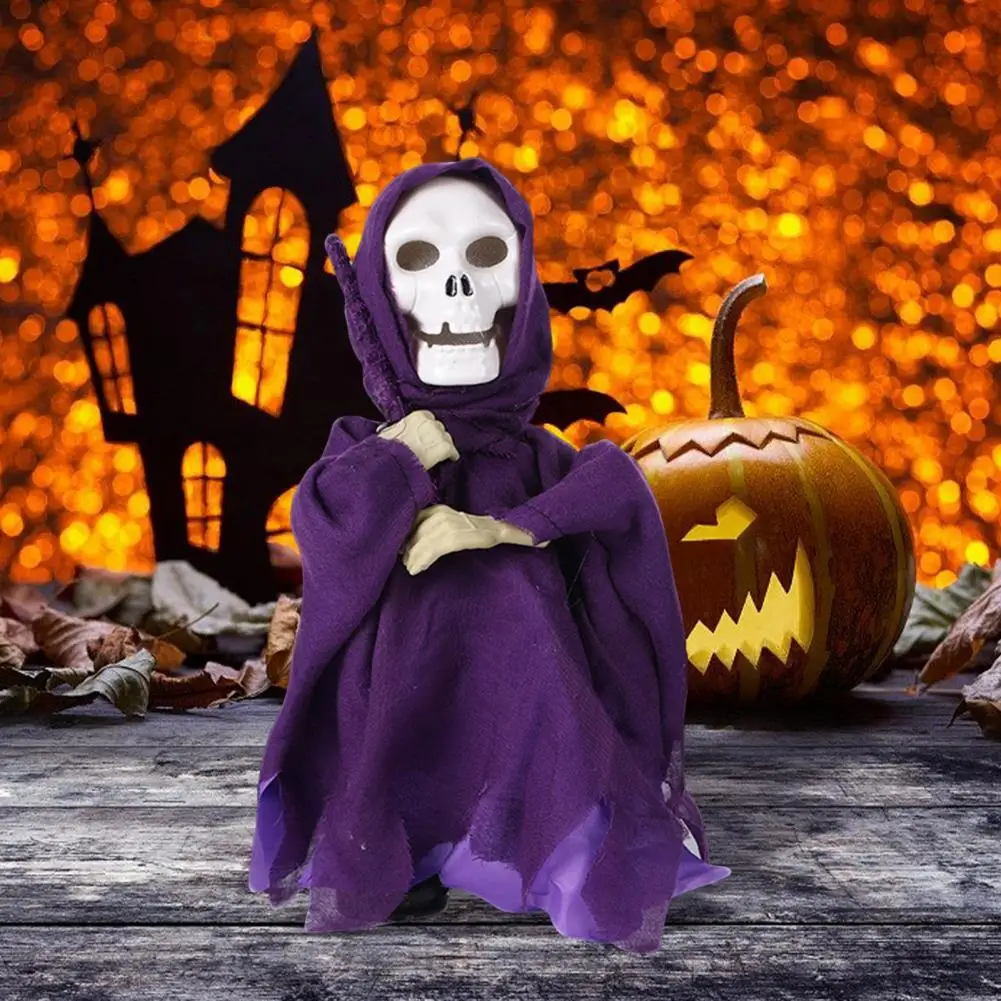 Easy-to-assemble Light-up Toy Spooky Halloween Skeleton Figurine with Light-up Caped Twist Skull Sound Poseable Figure for Party