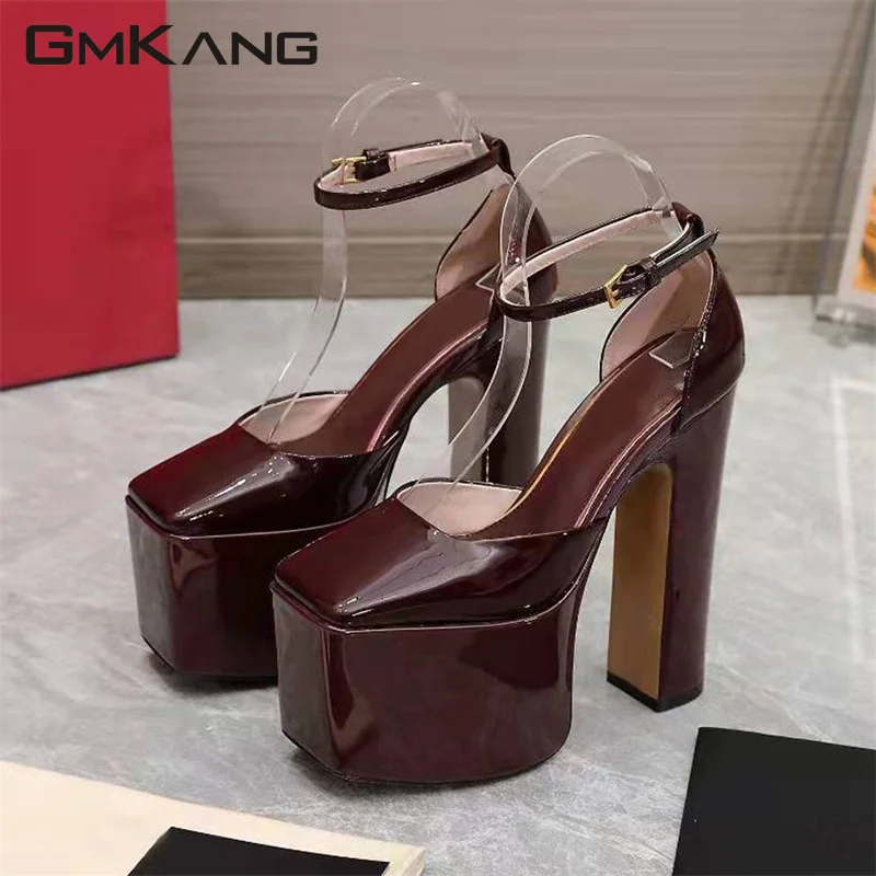 New Platform Shoes Women Super High Heels Runway Shoes Patent Leather Women Pumps Square Toe Chunky Heels Party Shoes Woman