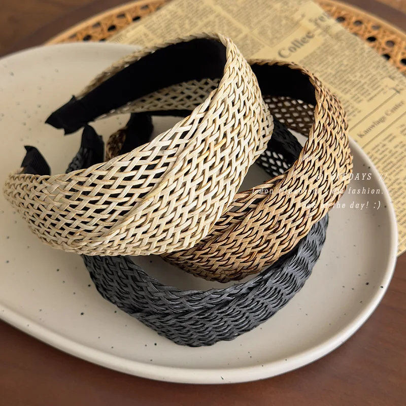 Headband Woven Straw French Bohemian Cross Design Wide Vintage Bohemian Forest Retro for Women Daily Stylish Hair Accessory