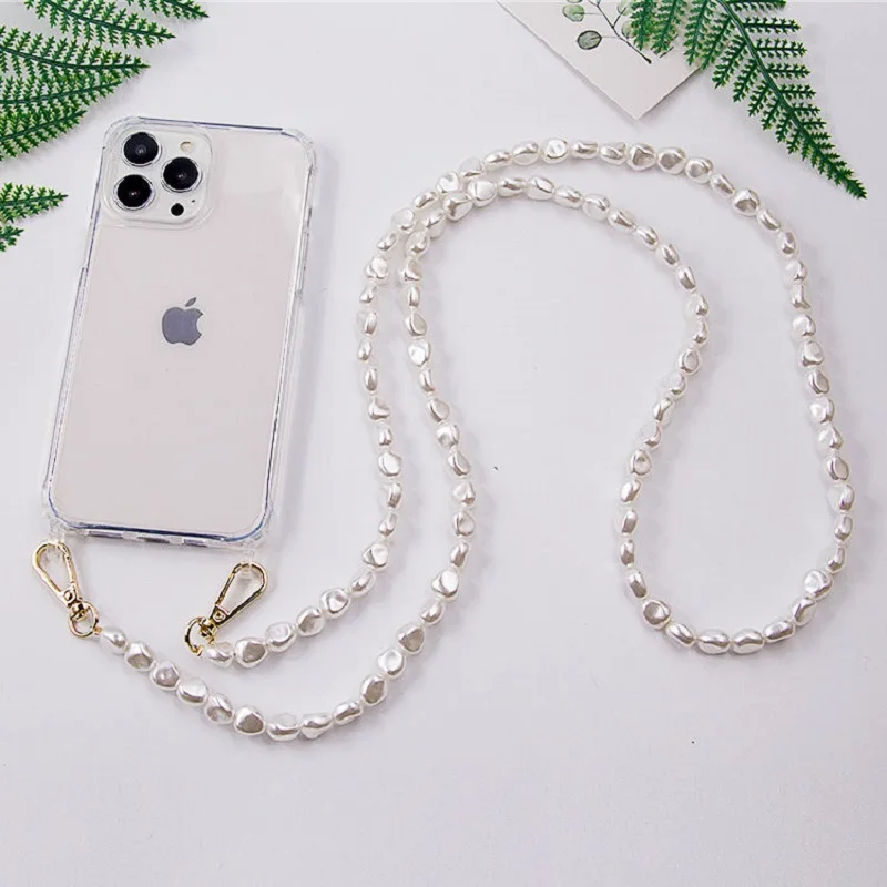 Irregular Pearl Beads Chain Phone Cases for iPhones 14 15 Pro Max 11 X XR XS Case with Pearl Chain Phone Case with Pearl Lanyard