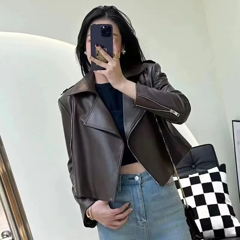 Leather Jacket Women Natural Leather Spring New Fashion Loose Motorcycle Zipper Wide Lapel Short Sheepskin Coat Deri Yelek Kadın