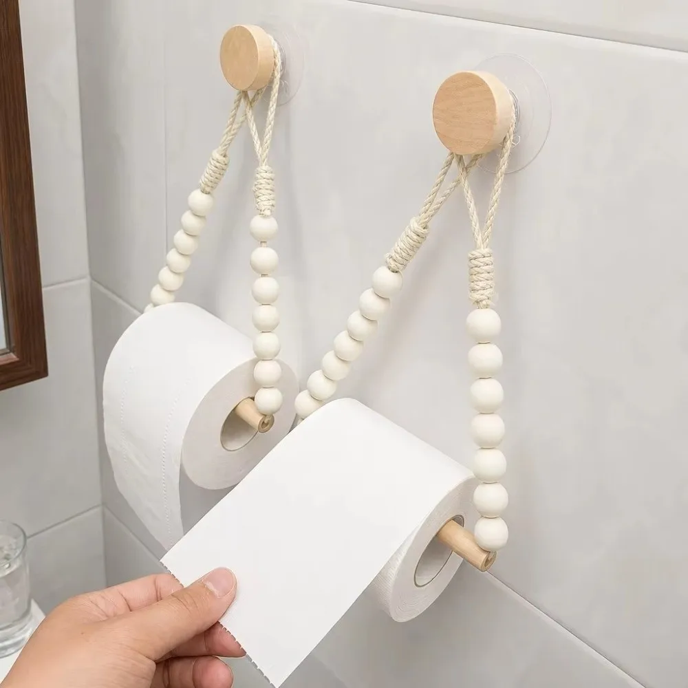 Punch-Free Toilet Paper Holder Hemp Rope Design Adhesive Installation Roll Paper Dispenser Wooden Balls Accent Rustic Style