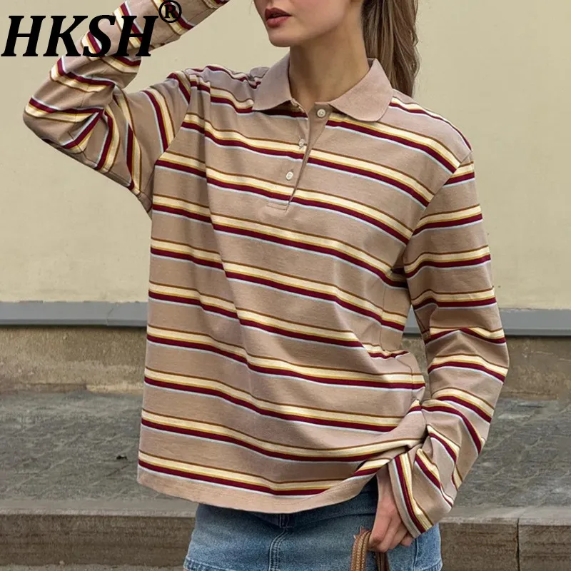 

HKSH весна осень новая женская полосатая футболка с длинным рукавом с отложным воротником на пуговицах элегантные повседневные шикарные базовые топы HK14095