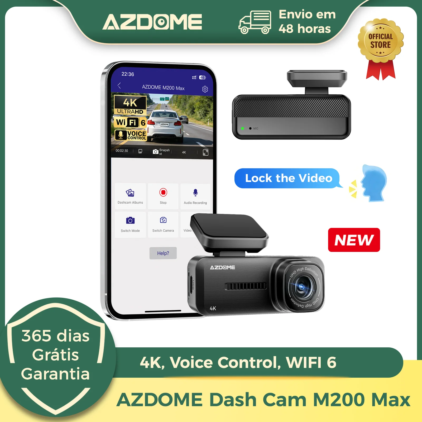 Câmera Veicular AZDOME 4K M200 Max Wi-Fi 6 com Controle por Voz, G-Sensor, Visão Noturna, Gravação em Loop e Modo de Estacionamento 24H