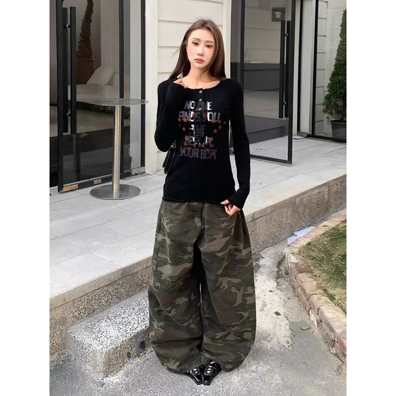 

Women Camouflage Cargo Jeans 2025 Autumn Vintage Embroidery Oversized Hip Hop Baggy Denim Trousers Streetwear Y2k 2000s Pants