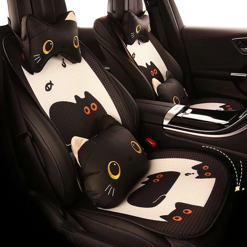 

New Women's Car Seat Cover Cute Cartoon Cat Universal Car Cushion Breathable Non Slip Four Seasonal Auto Interior Accessories