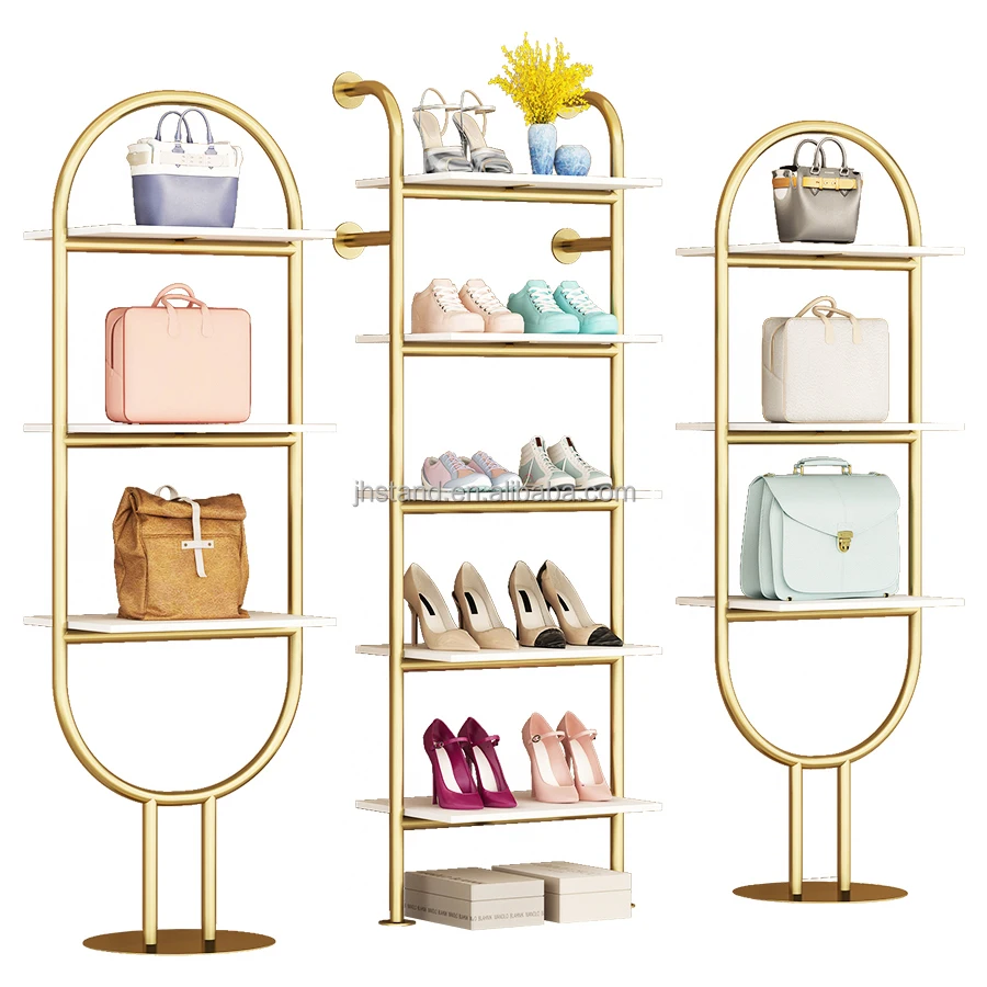 Fashion Shoes Stand Shop Retail Shiny Gold Stainless Steel Shoes Display Rack Metal Wall Mounted Handbag Shelf