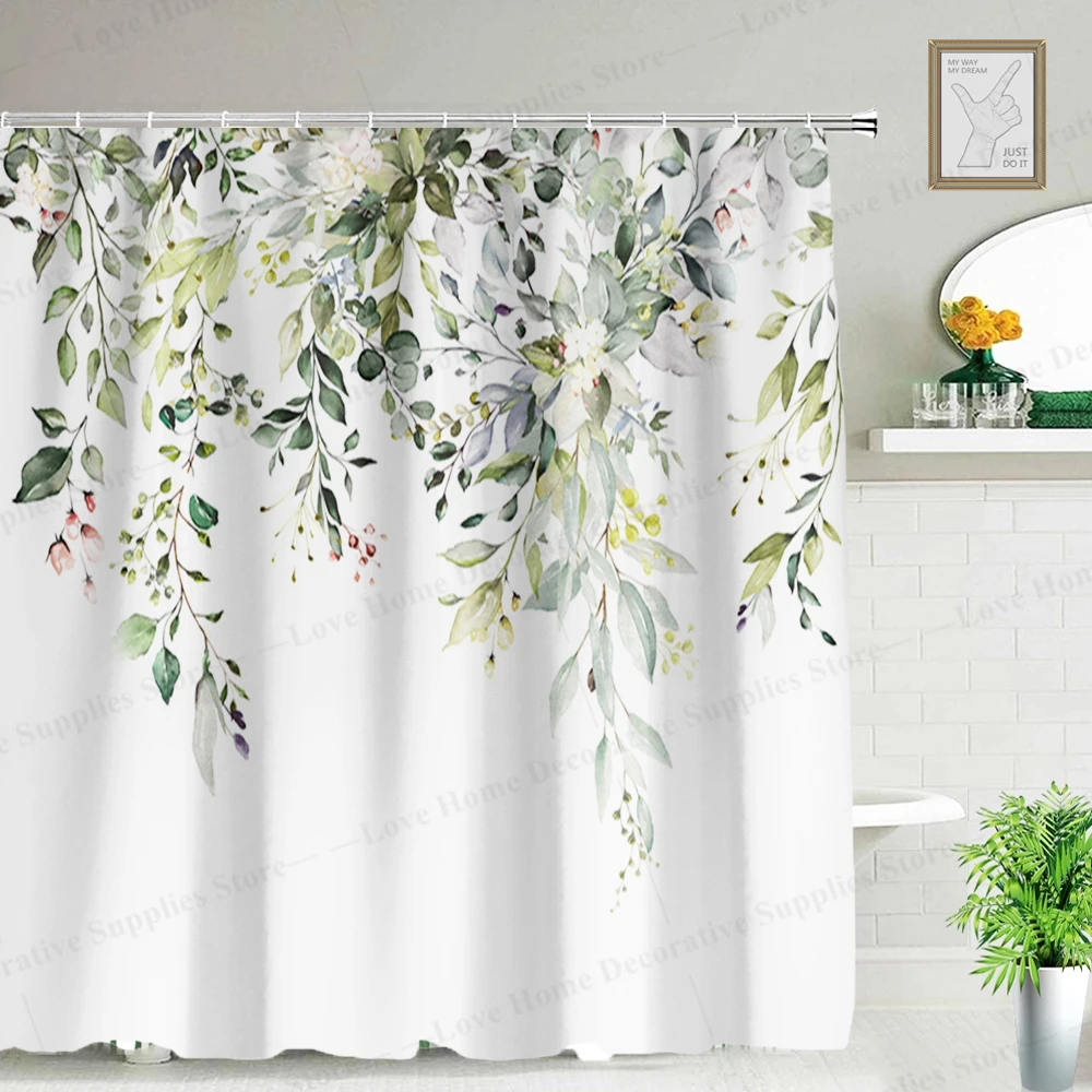 1pc Leaves on The Top Plant with Floral Shower Curtain Waterproof Polyester Fabric Bathroom Decoration 180*180CM with Hooks