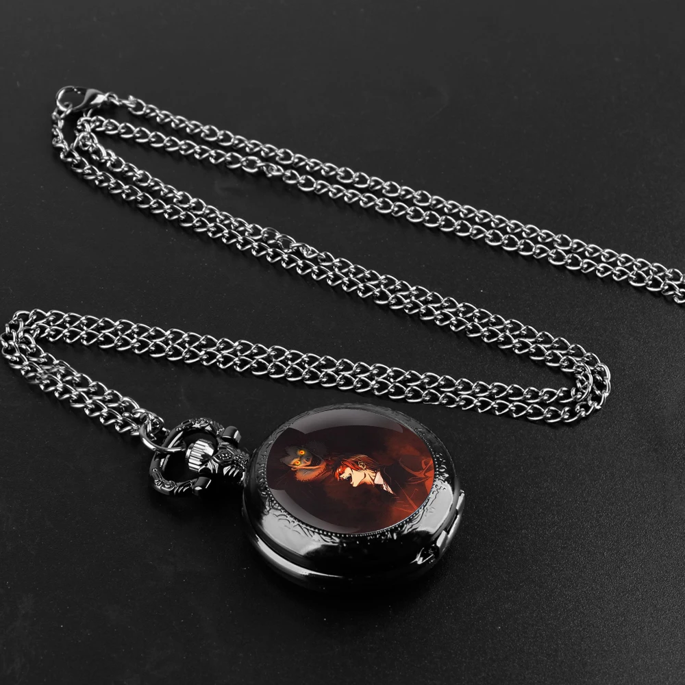 Orologio da tasca al quarzo nero con cupola in vetro Death Note con quadrante con numeri arabi e catena resistente, regalo per uomini e donne