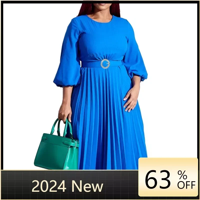 

Autumn Fashion Pleated Dress Women Elegant Office Ladies Solid Lantern Sleeve Belt Pleated A-line Dress Women