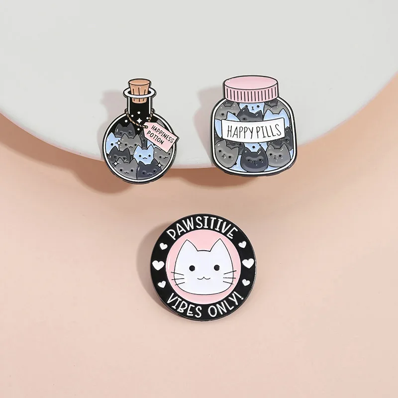 Cute Cartoon Cat Happiness Potion Bottle Enamel Brooch Creative Pawsitive Vibes Only Lapel Pin Badge Backpack Gift Kid Friend