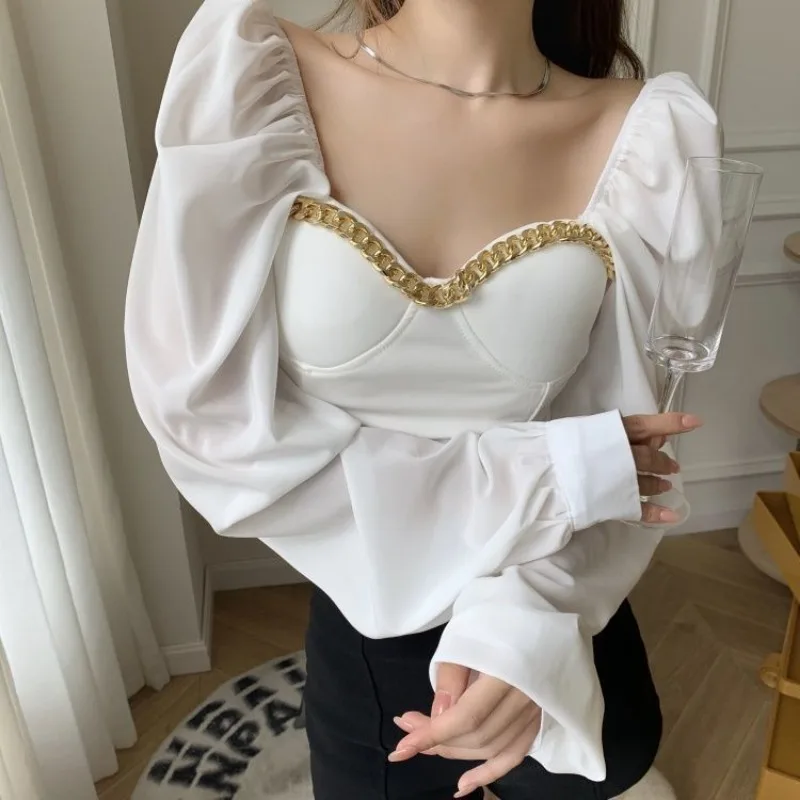 Women Clothing Autumn Stylish Sexy Off Shoulder Chain Chic Blouses Elegant Square Collar Long Sleeve Shirts Solid Slim Crop Tops