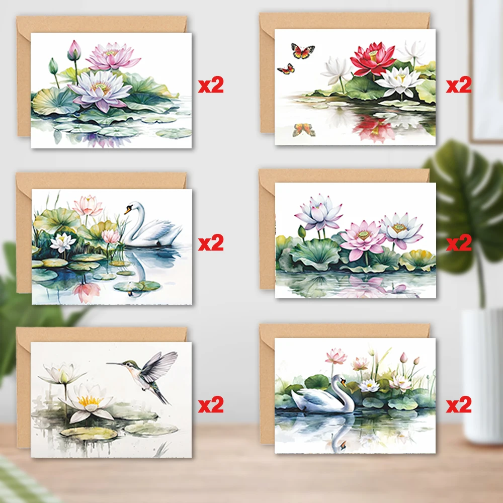 24pcs Watercolor Style Lotus & Animal Greeting Cards Set with Envelopes, DIY Invitation Cards, Multifunctional Fun, Express Love - view 6
