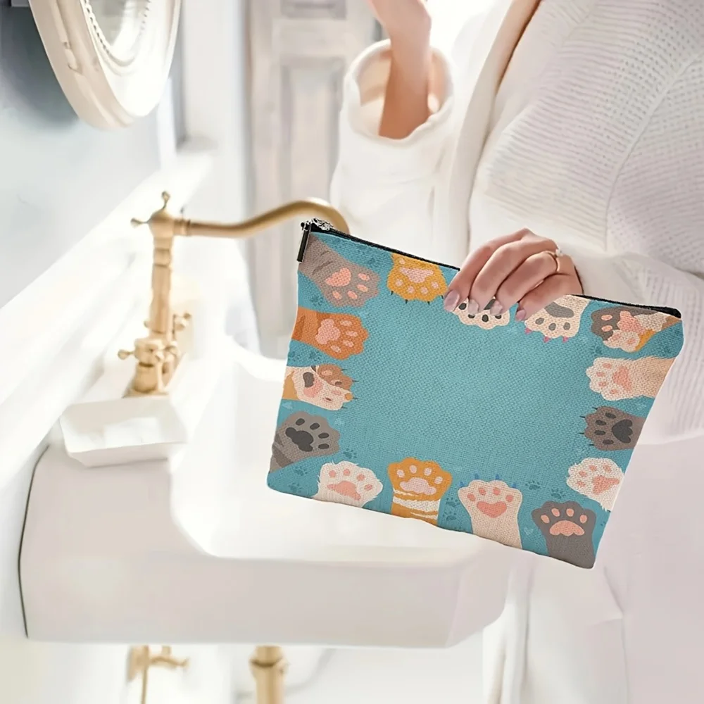 1 Piece Cute Cat Paw, Turquoise Design Makeup Bag - Multifunctional Zipper Pouch for Women, Perfect Travel Zipper Storage Bag, Fun Birthday Gift
