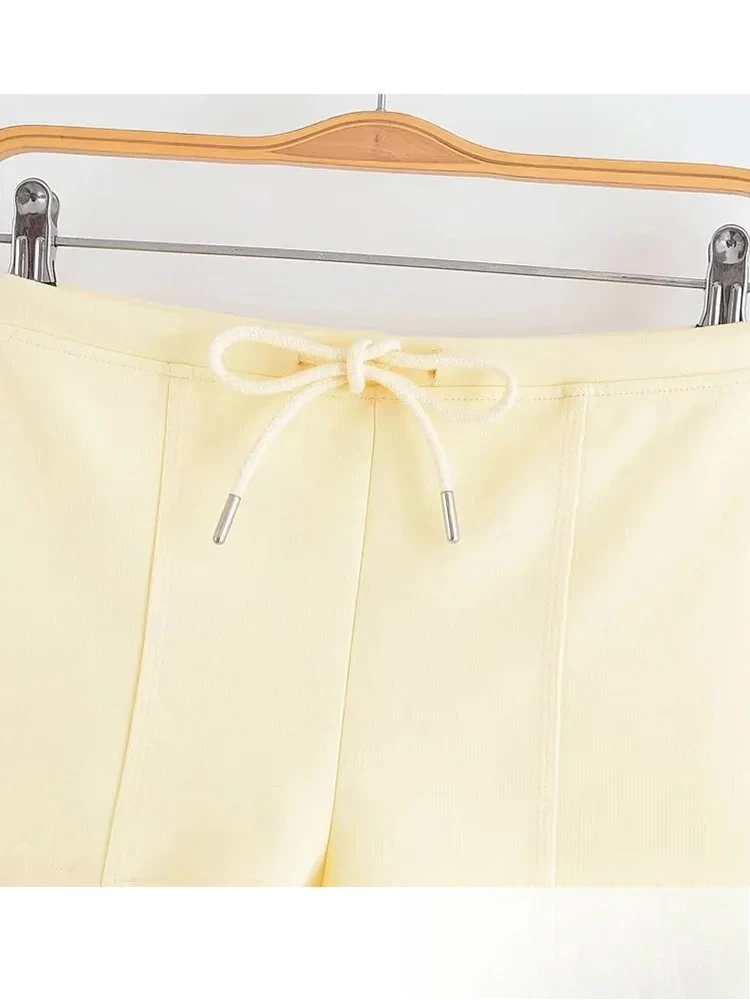 KONDALA Casual Chic Women Suit Yellow Solid Camisole Sleeveless Zipper Short Vest Lace-up Shorts Fashion 2025 Summer Female Sets