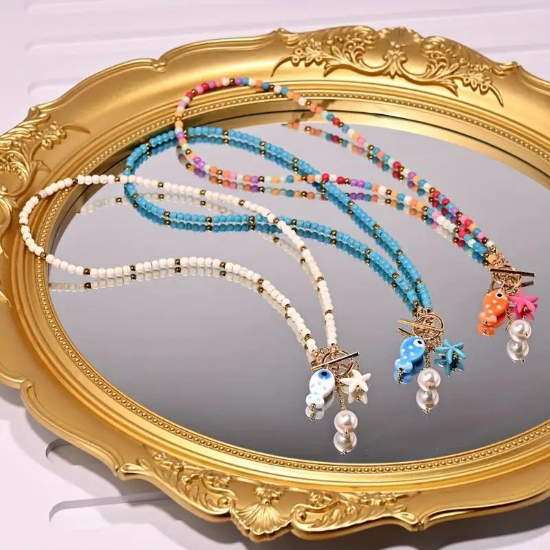 Böhmische, meeresinspirierte Keramik-Fisch-Seestern-Anhänger-Halskette, bunte Perlen, Keramikketten-Armband, Sommer-Ozean-Strand-Schmuck – Detail 10