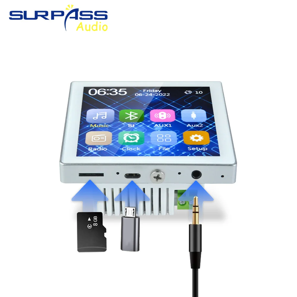 블루투스 벽 앰프 미니 터치 스크린, 스테레오 사운드 음악 패널, 홈 오디오 뮤직 센터, 6 개 언어 지원, 4 인치, 2x20W