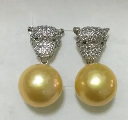 

noble jewelry charming pair of huge 11-12mm south gold pearl earring 925s