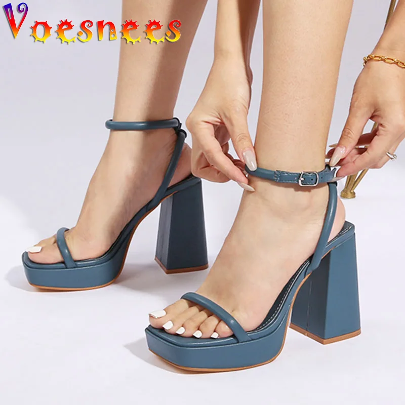 Fashion Narrow-band Sandals Women Square Heel Car Model Show Shoes Summer Waterproof Platform High Heels 11CM Black Ladies Pumps