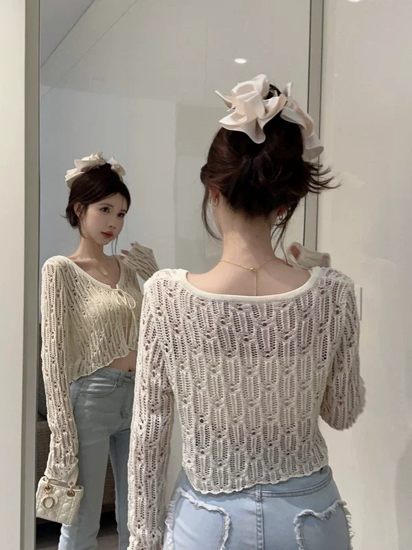 Female Hollow Out Sweater Shirts Lady Summer Full Sleeve Laced Crocheting Cardigan Thin Short Coats for Slim Woman