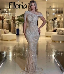 Luxury Boat Neck Evening Dress Champagne Crystals Beading Bride Robe Sexy Floor-length Bridal Dresses Vestidos De Novia Dubai