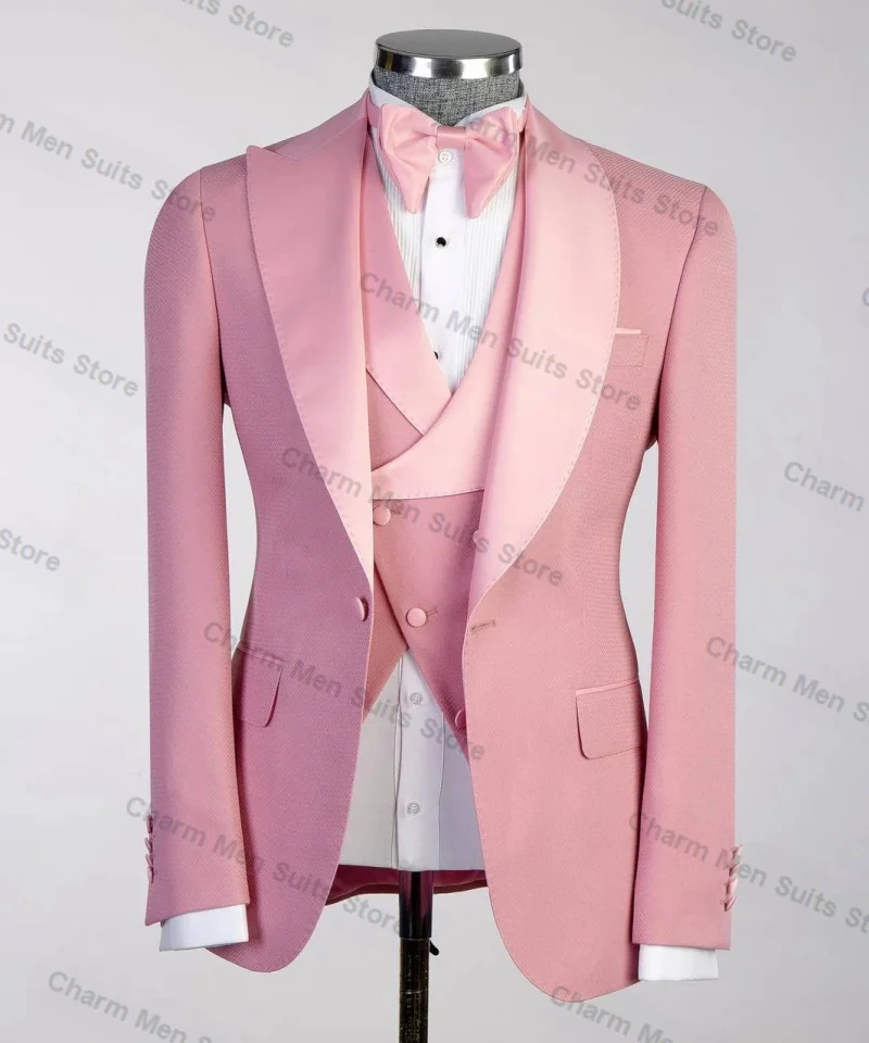 

Pink Wedding Men Suits Set 3 Piece Blazer+Vest+Pants Trousers Tuxedo Cotton Formal Office Male Groom Prom Jacket Business Coat