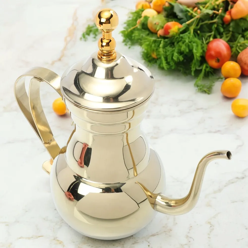 Environmental Middle East Arabic Sliver Gold Stainless Steel Gooseneck Pour Coffee Tea Kettle with Filter Strainer Pot