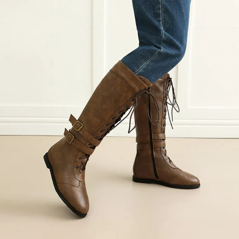 2026 Autumn/Winter New Style Fashion Women's Knee-Length Boots with Cross-Straps and Metal Decorations - Retro Flat Shoes