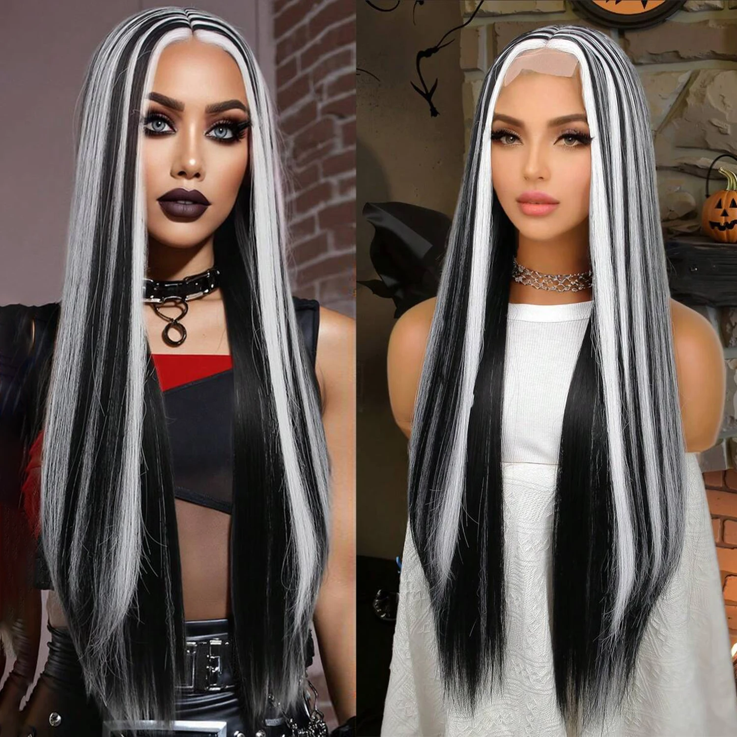 

4*2 30 Inch Black And White Piano Color Extra Long Straight Hair Halloween, Costume Dress Up, -Playing Headband.Elastic Mesh Cap