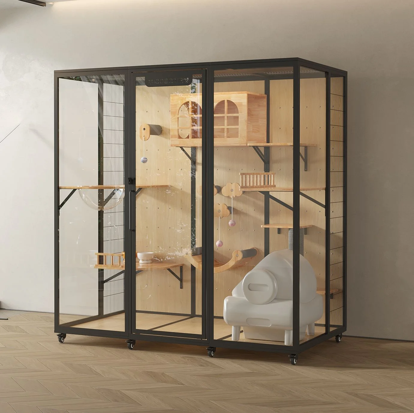 

large cage cat villa, panoramic glass solid wood den cat house, panoramic glass