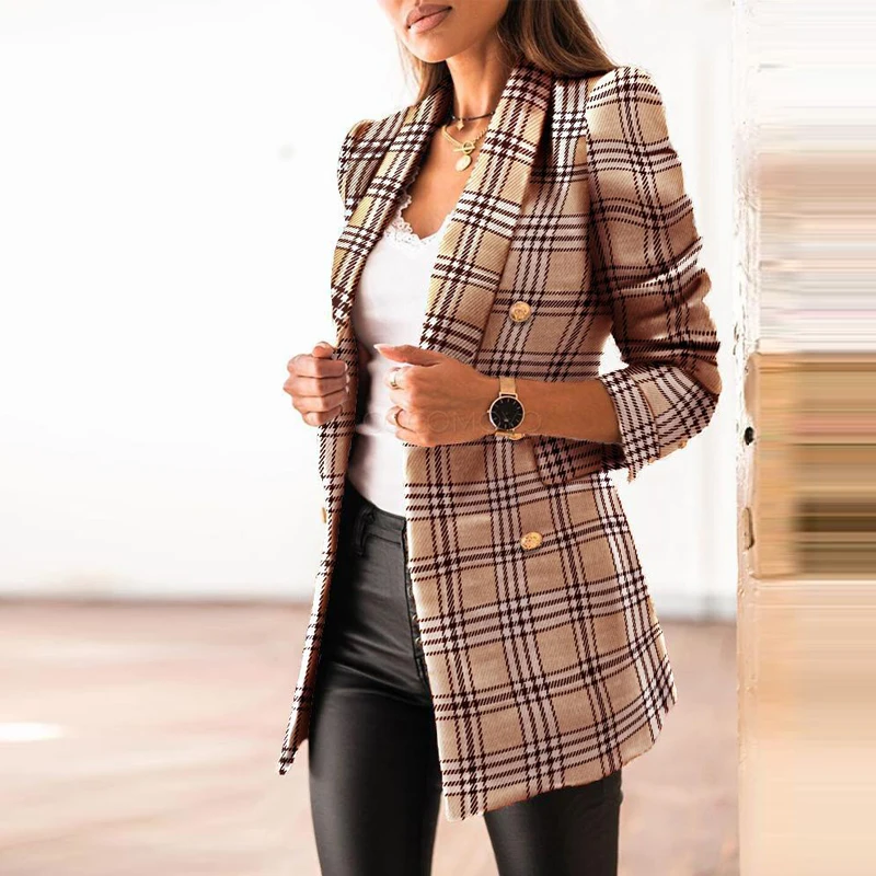 

Elegant Plaid Print Slim Fit Long Sleeve Women's Suiting Jacket Autumn Spring Vintage Style Double Breasted Polyester Fabric