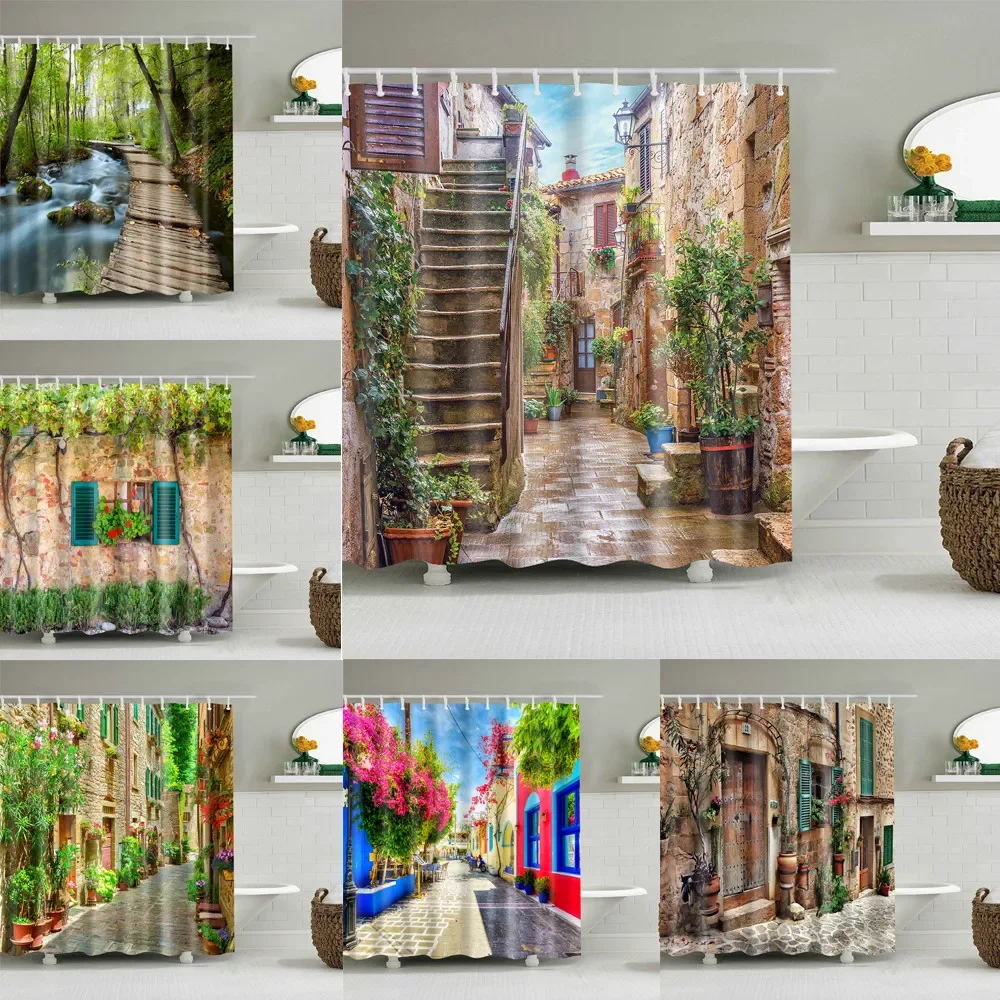 

Old Italian Town Shower Curtains Landscape Wall Bathroom Curtains Waterproof Fabric Bathroom Curtains Tub Decor