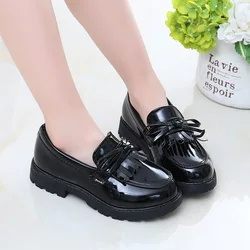 Girls Casual Leather Shoes Kids Flats Tassels with Bow-knot British Style Soft Slip-on Loafers for Wedding Party Bright Skin New