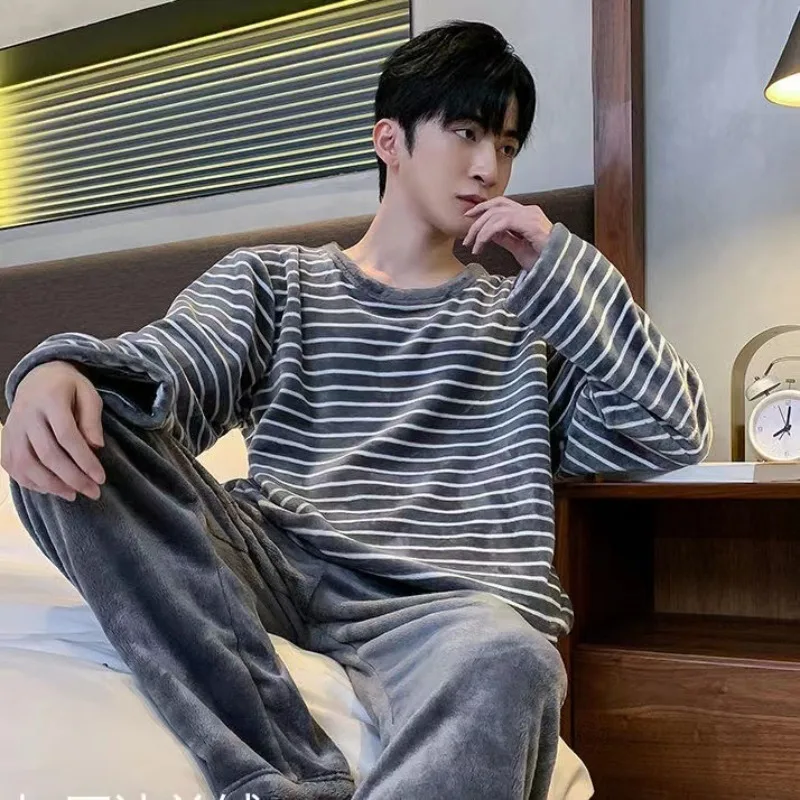 

Winter Flannel Pajamas Men Korean Version of The Striped Padded Long-Sleeved Cartoon Nightwear Homewear Set Sleepwear Loungewear