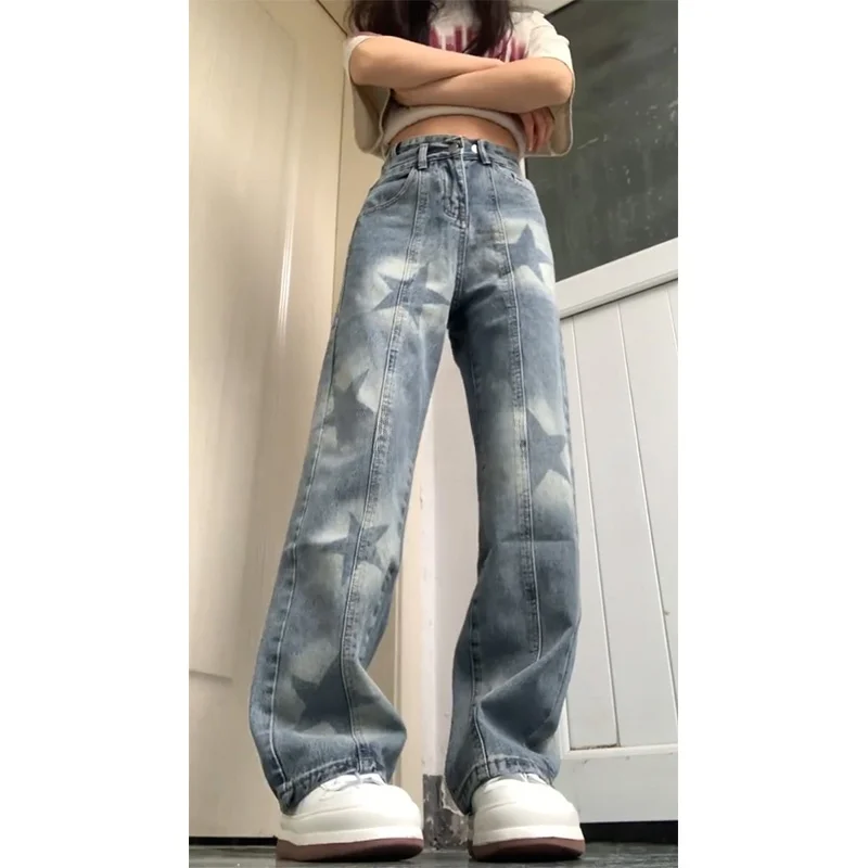 Retro jeans met wijde pijpen en sterrenprint Dames lente herfst Amerikaanse high street slank recht ontwerp Trendy denimbroek