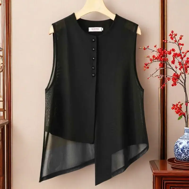 New Chinese Style Vest, Women's Irregular Fashion, Mesh Thin Design, Sun Protection, Sleeveless Top for Summer Printing Premium