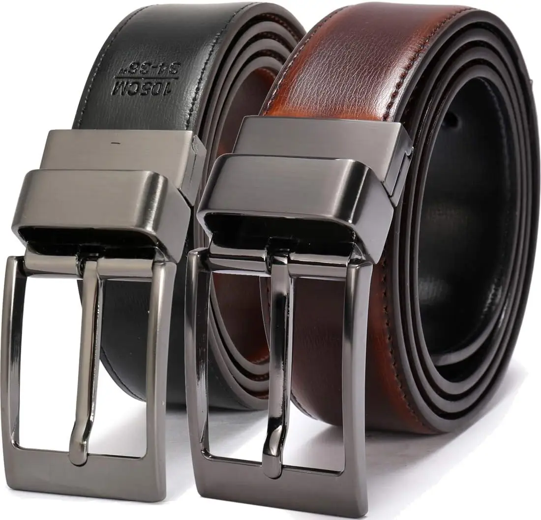 Men's Reversible Leather Dress Belt with Rotated Buckle