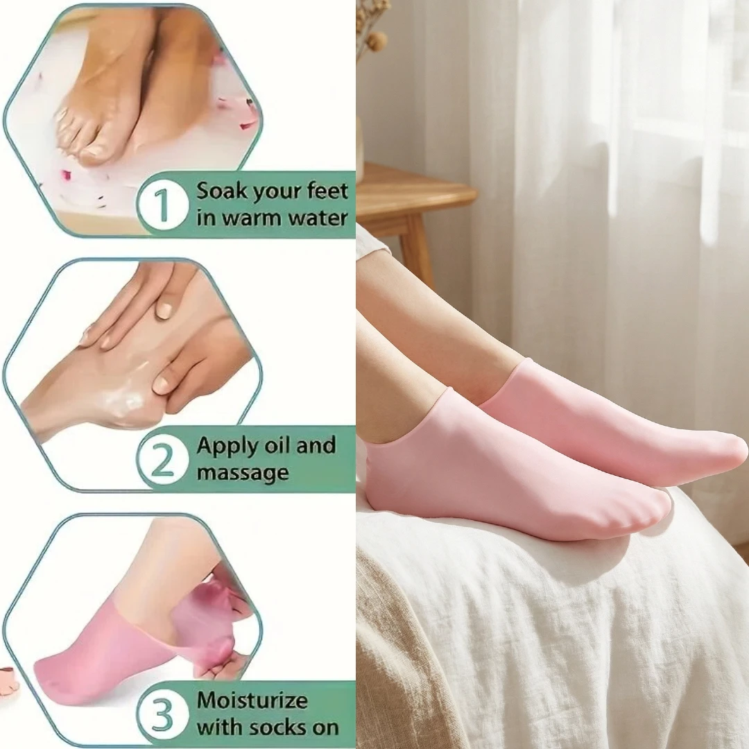 مجموعة جوارب مرطبة من السيليكون مكونة من 4 قطع، زوج واحد من القفازات وزوج واحد من أغطية القدم، جوارب سبا قابلة لإعادة الاستخدام لتنعيم القدمين واليدين