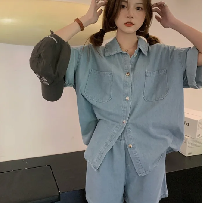 Fashionable Vintage French Korean Loose Casual Short Sleeve Denim Shirt Shorts Set Women Summer Anti-Aging Trendy Ensemble