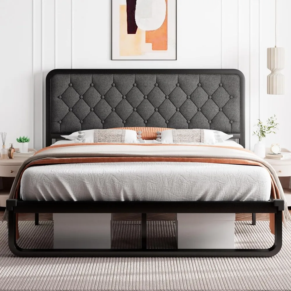 

Full Size Metal Bed Frame with Linen Upholstered Headboard, Curved Platform Bed Frame, Thicker Metal Steel Slats Support