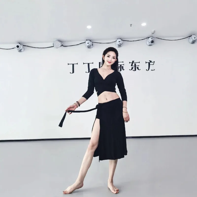 

customized belly dance costumes practice outfit with black modal tie top and mid skirt bellydancing exotic dancewear