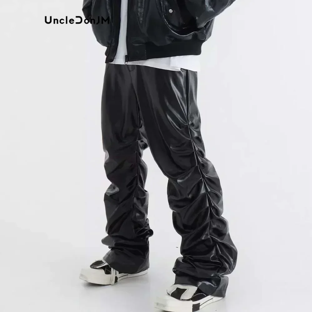 RHNDE pantalones de cuero plisado para hombre, pantalones de cuero de motocicleta, ropa de calle, pantalones de cuero de imitación, HIP HOP