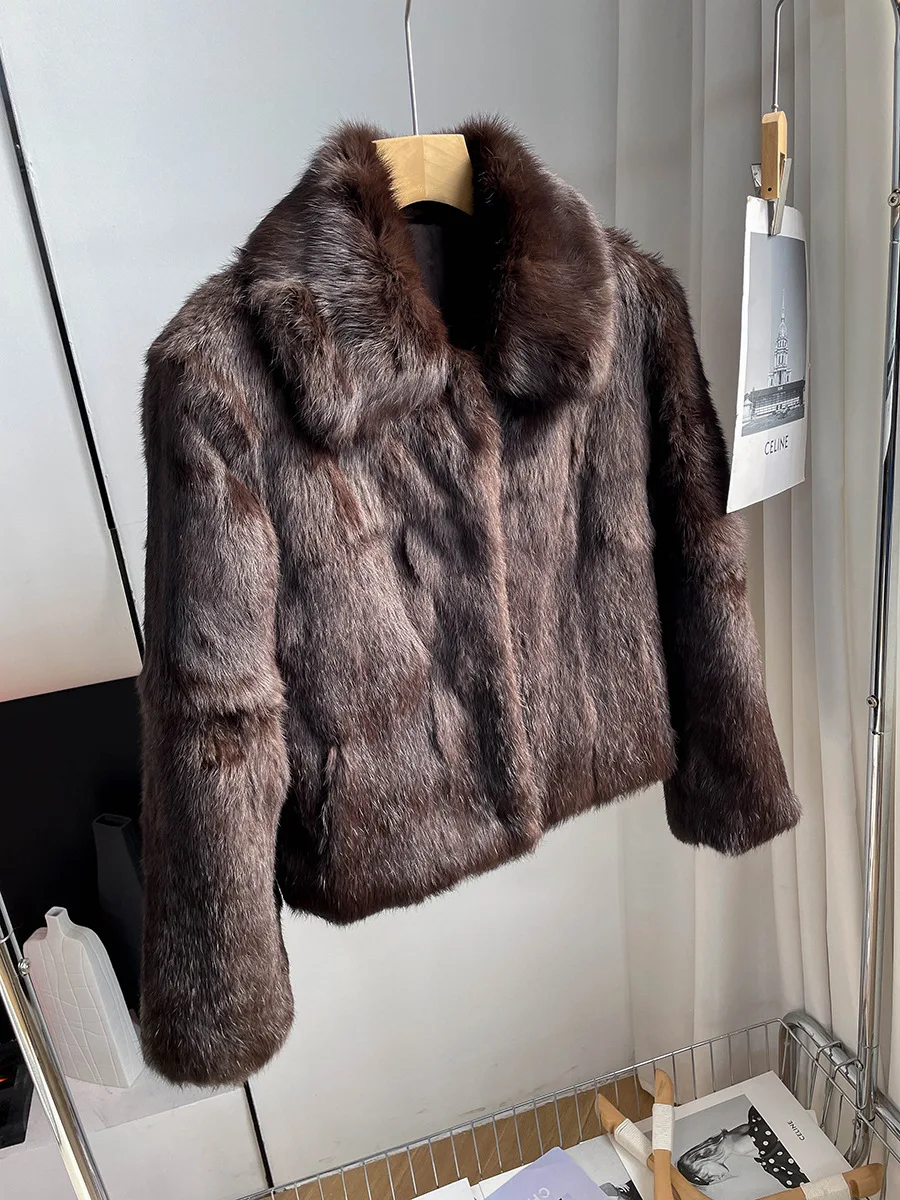 2026 Winter Women's Rabbit Fur Coat French Elegant Fashion Retro Simple Coffee Color Warm Female Lapel Short Overcoat