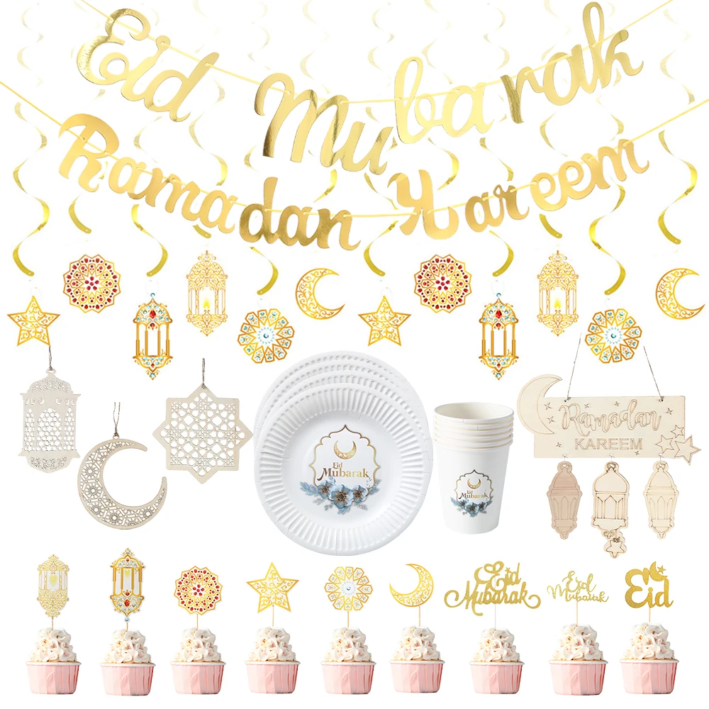 

Ramadan Decoration Eid Mubarak Banner Disposable Tableware Paper Plate Cup Islamic Muslim Holiday Party Decor Supplies