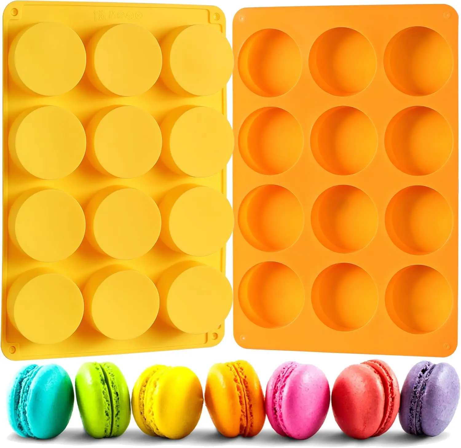 2 moldes de silicona para galletas de chocolate Oreo, molde redondo para hornear de 12 cavidades para dulces, mini pasteles, gelatina, naranja + amarillo
