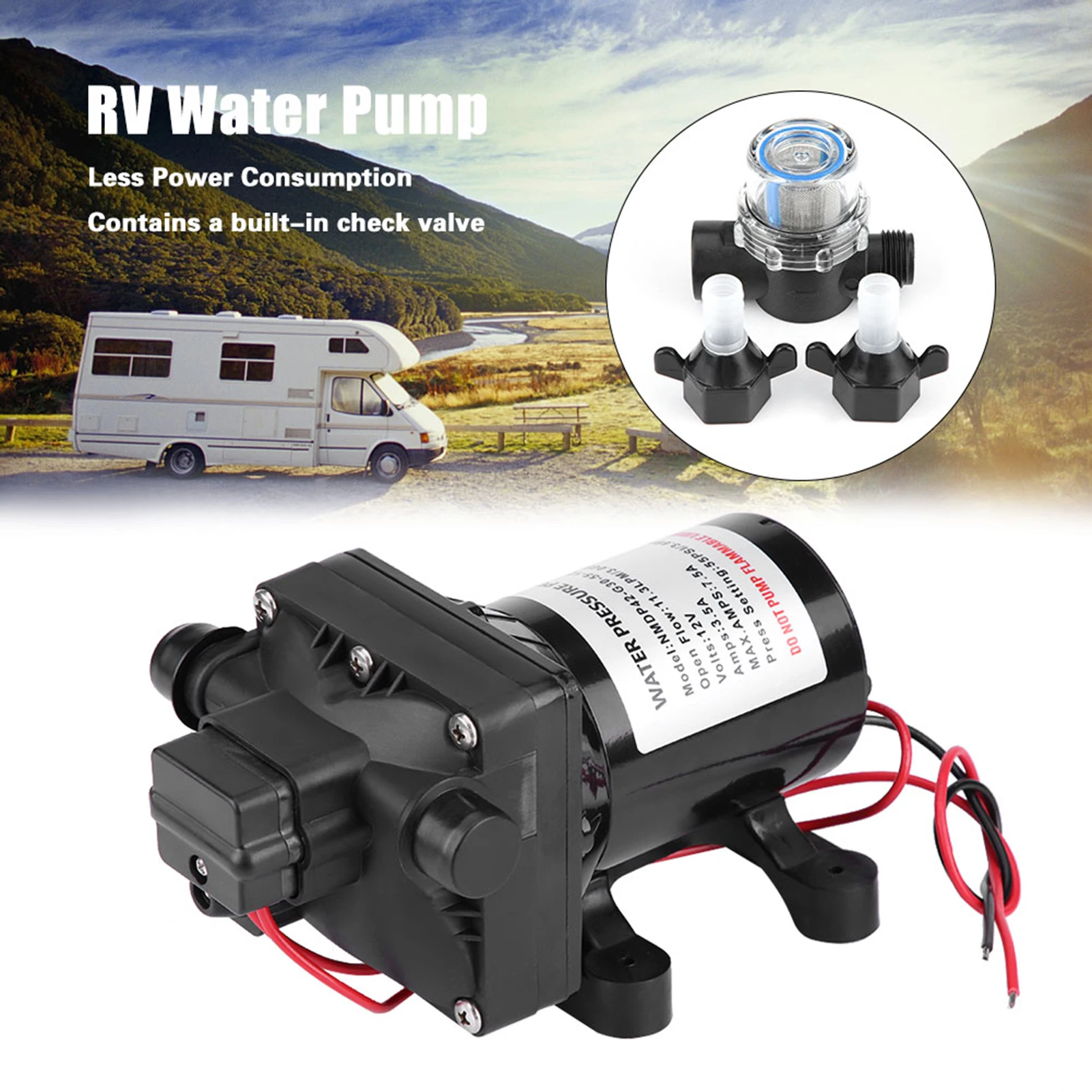 

RV Sump Pump, 55 PSI 3 Gallons Per Minute 7.5 Amps 12V DC RV Caravan Selfpriming Water Pump 4008101E65