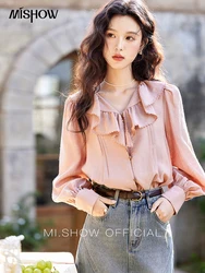 MISHOW Lotus Leaf Collar Shirt Bubble Sleeves Pink Shirt for Women Spring 2025 Sweet Chiffon Top Temperament Shirts MXE12X1702