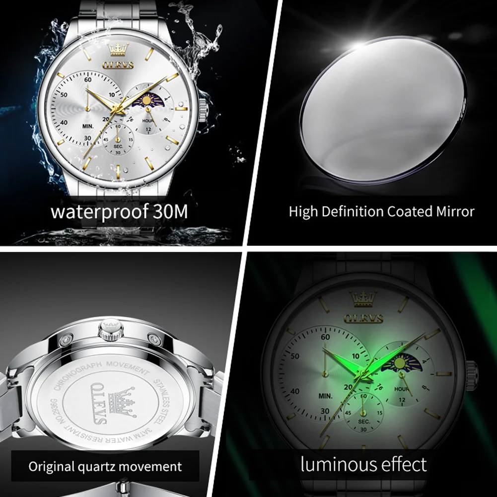 OLEVS Luxury Brand Men\'s Watch High Quality Business Waterproof Lunar Phase Timing Code Classic Casual Original Men Quartz Watch