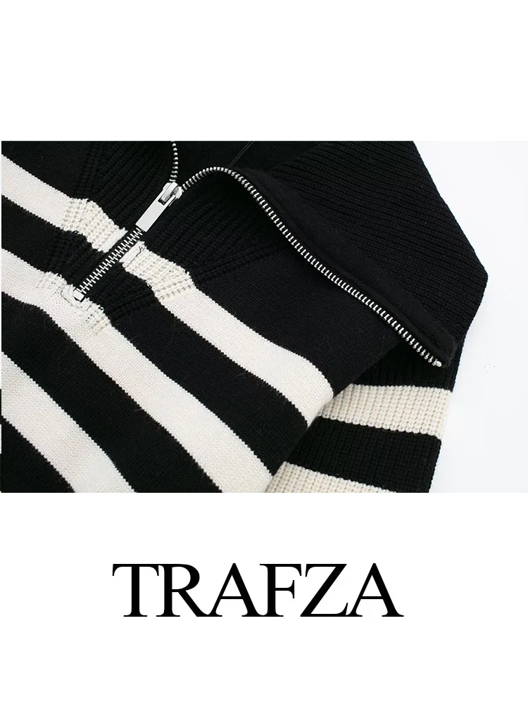 TRAFZA-Pull à Rayures Blanches et Noires pour Femme, Col Rabattu, Manches sulf, Fermeture Éclair, Décontracté, à la Mode, Printemps